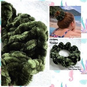 Handmade Crochet VELVET Hunter Green Large Hair Scrunchie PinkRainCloud